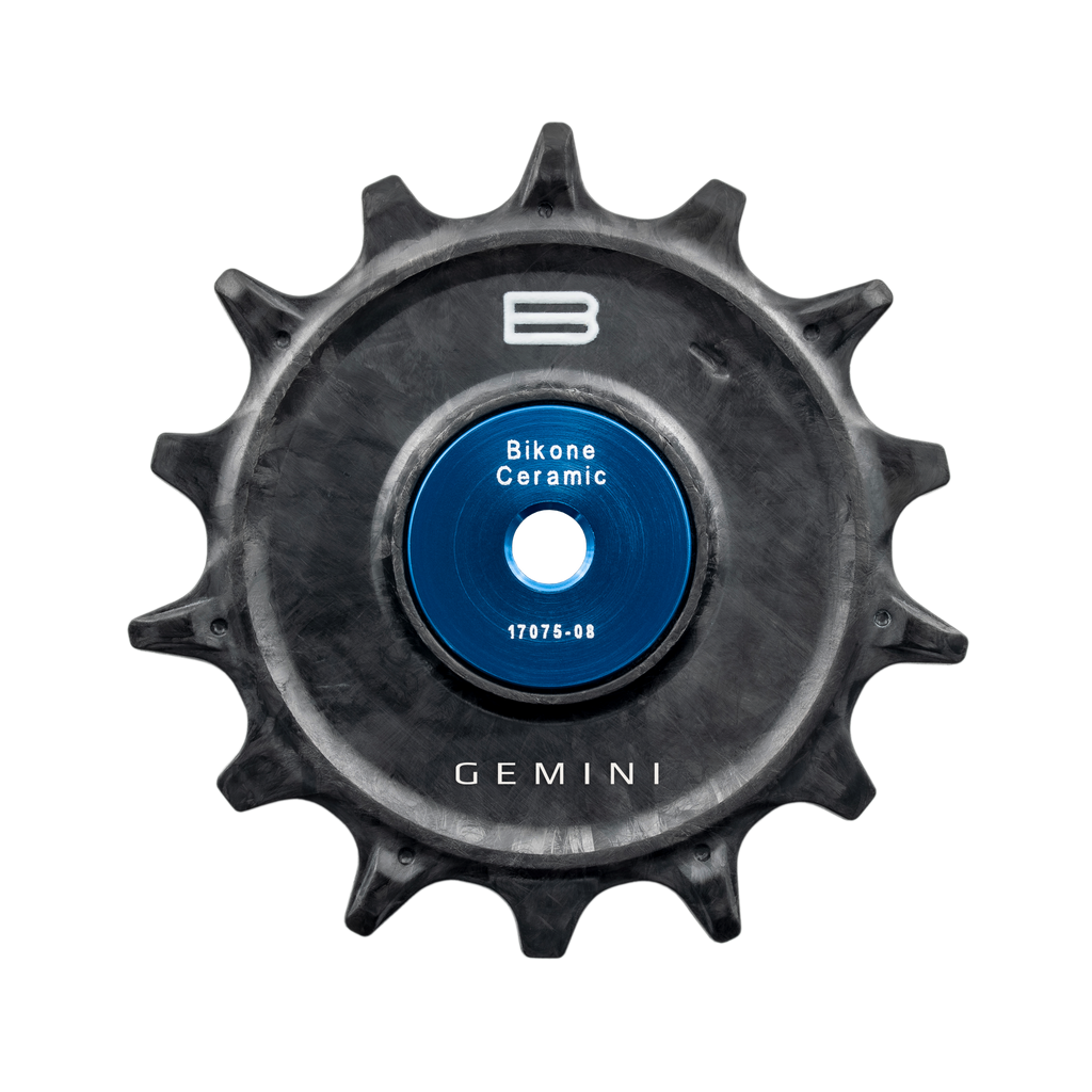 Bikone Forged Carbon Pulley Wheels, 14T lower pulley with Gemini logo and blue bearing cover, road bike drivetrain components