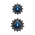 Bikone Forged Carbon Pulley Wheels, 12T upper and 14T lower pair with blue ceramic bearing covers, derailleur pulley wheels