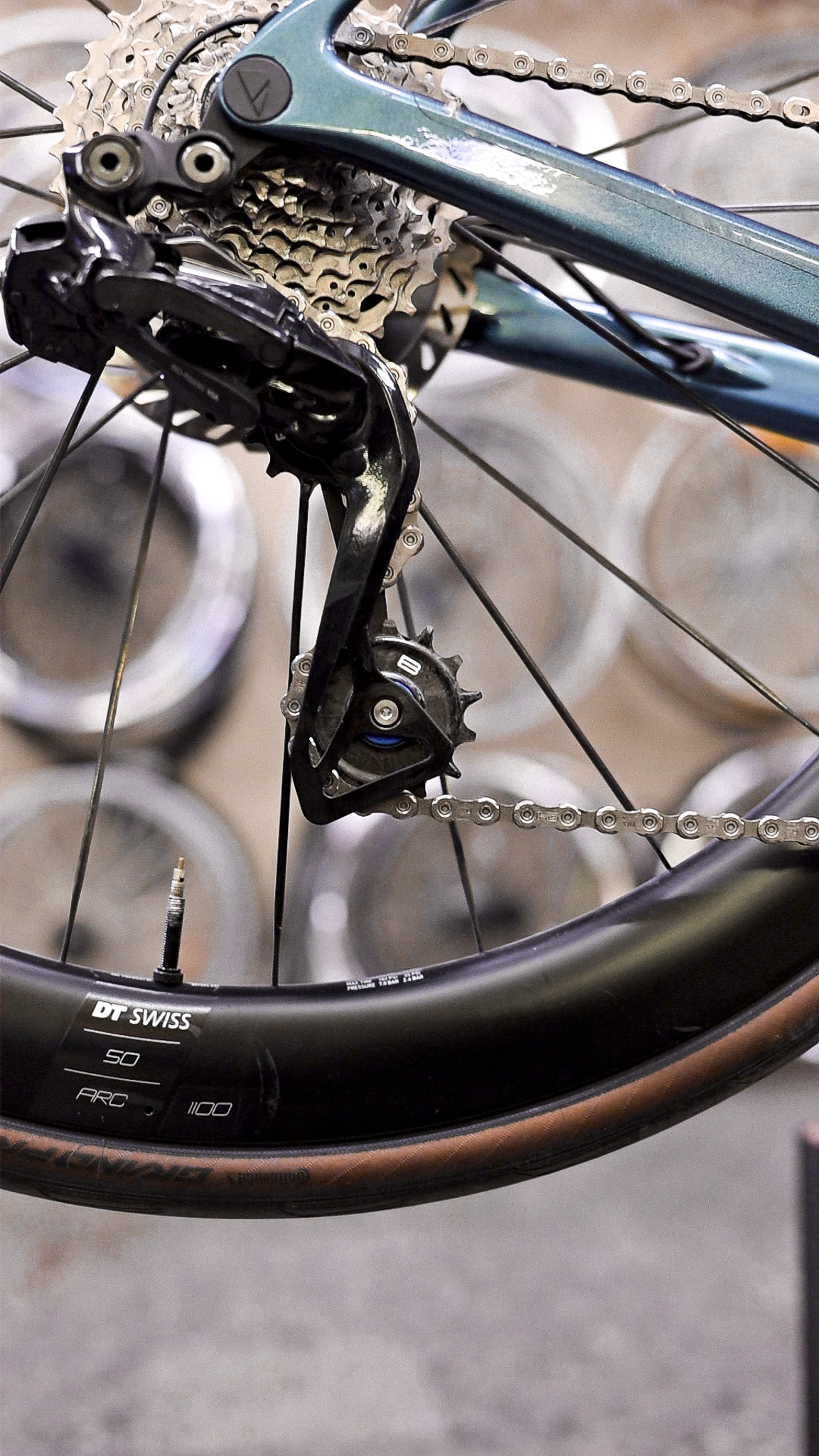 Bikone Forged Carbon Pulley Wheels, fitted to a road bike rear derailleur below the cassette, road bike drivetrain components